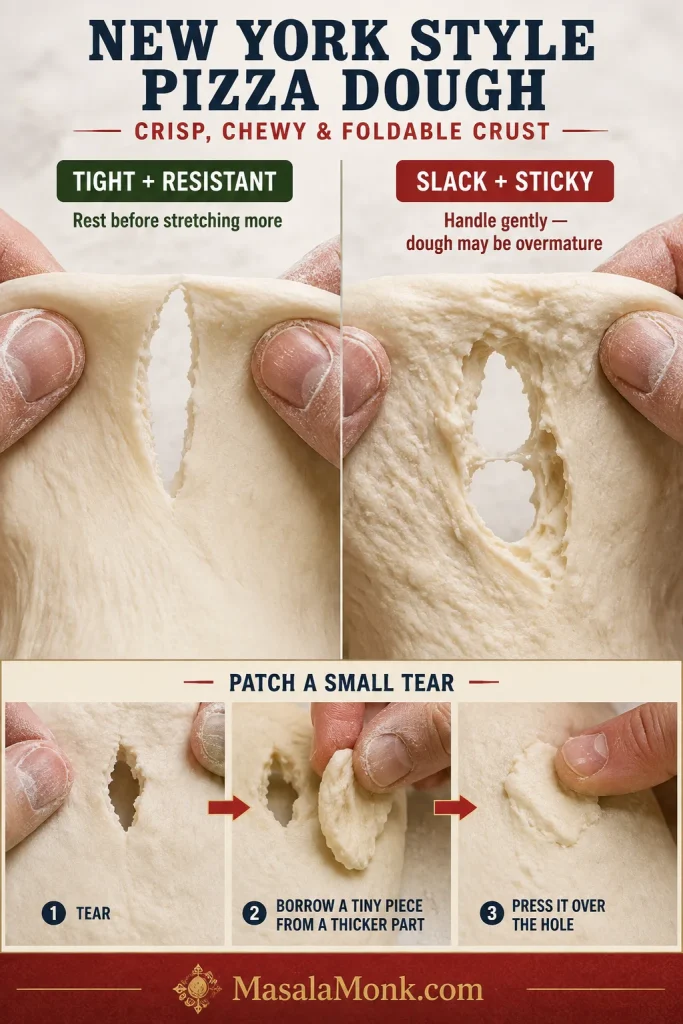 Comparison of a clean tear in taut pizza dough and a ragged tear in slack sticky dough, with a small patch placed over a hole.