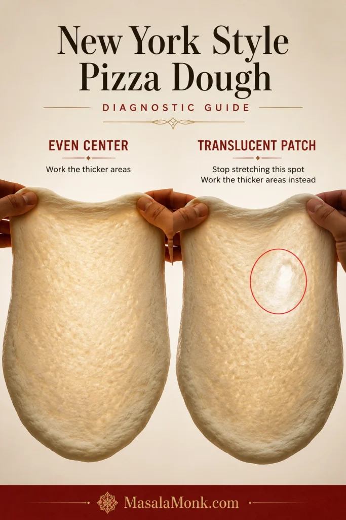 Backlit pizza dough showing an evenly thin center beside a localized nearly transparent weak patch.