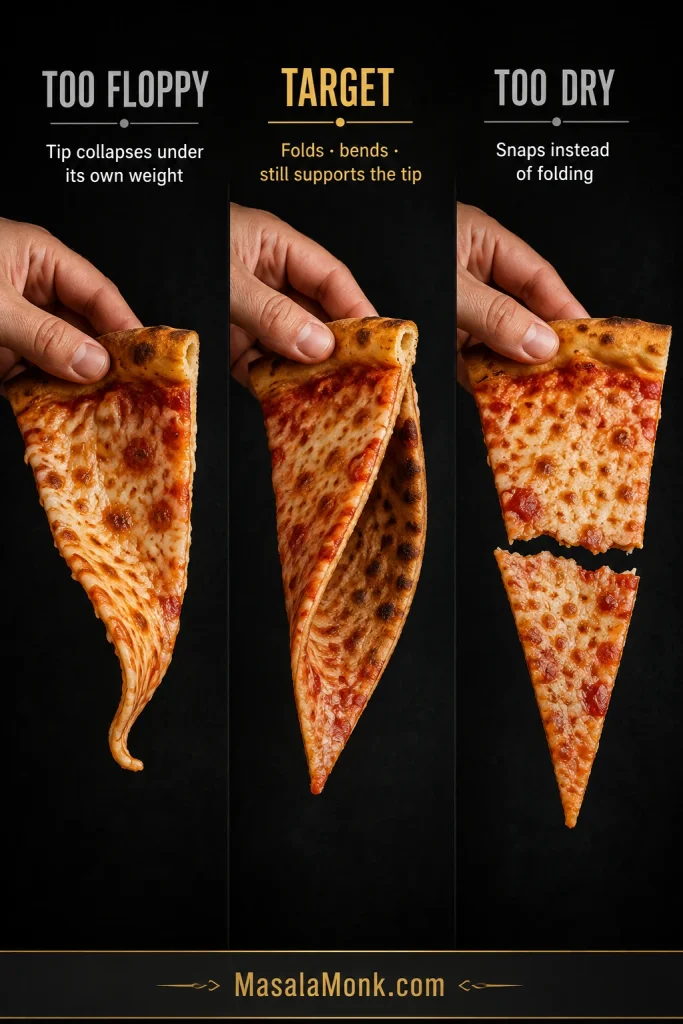 Three hand-held cheese slices comparing a floppy collapsing slice, a flexible supported fold and a dry slice that cracks instead of bending.