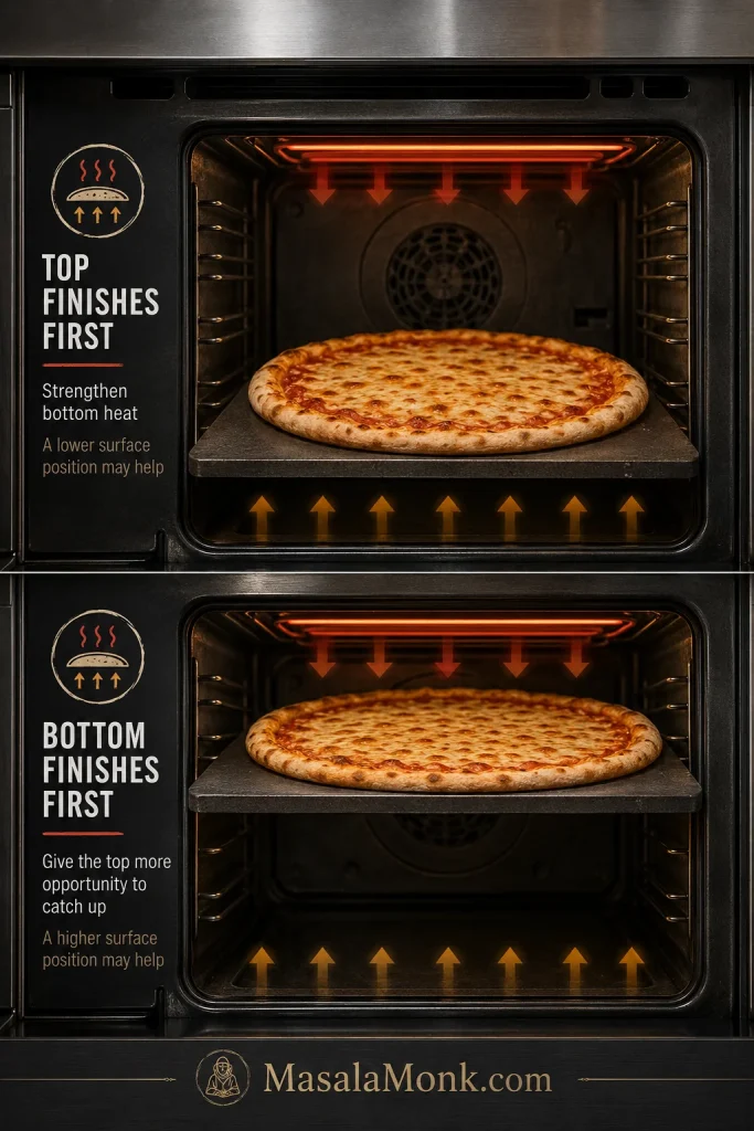 Domestic oven comparison showing pizza baked on different rack or baking-surface positions to adjust top and bottom heat.