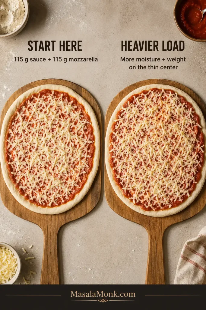 Two raw New York-style cheese pizzas comparing a restrained sauce-and-mozzarella load with a visibly heavier topping load.