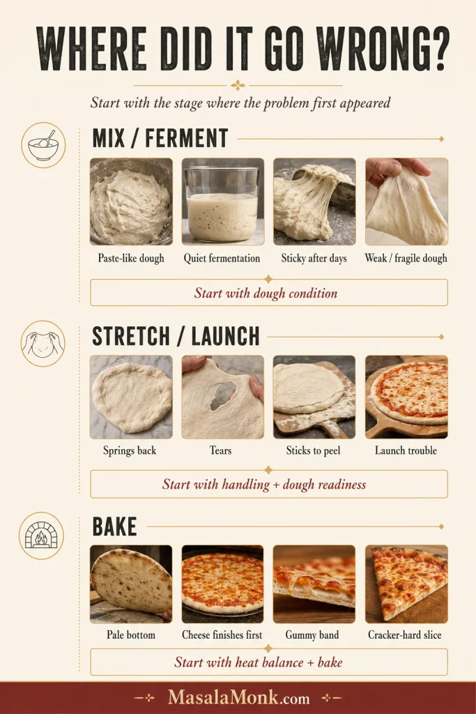 Troubleshooting guide grouping pizza problems into mixing and fermentation, stretching and launch, and baking stages with example symptoms.