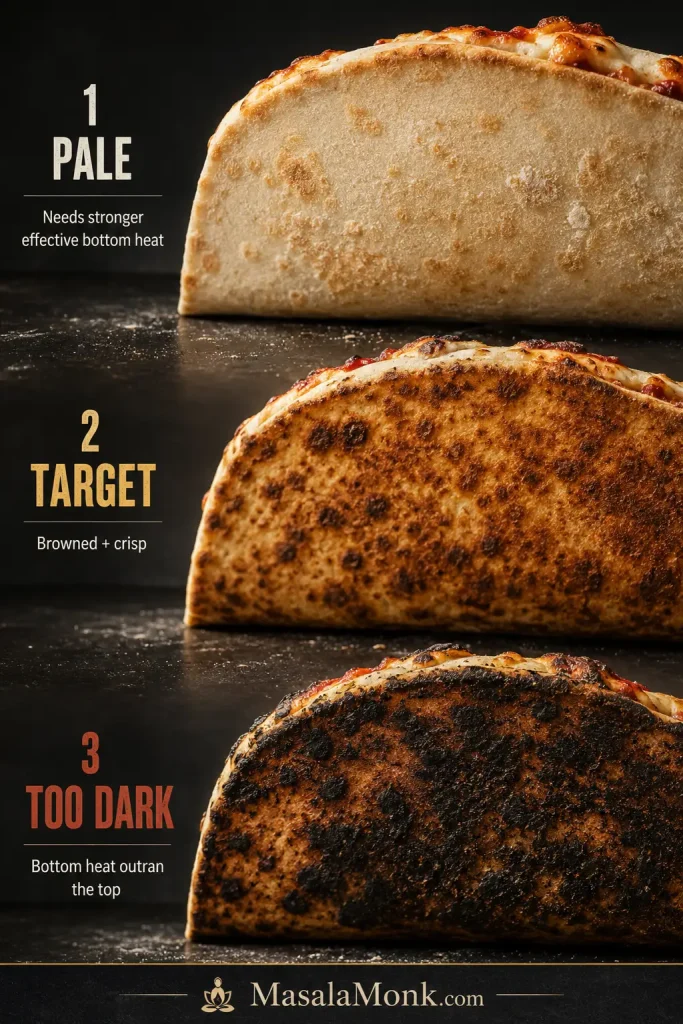 Three pizza undersides comparing a pale base, evenly mottled brown target browning and an overly dark scorched base.
