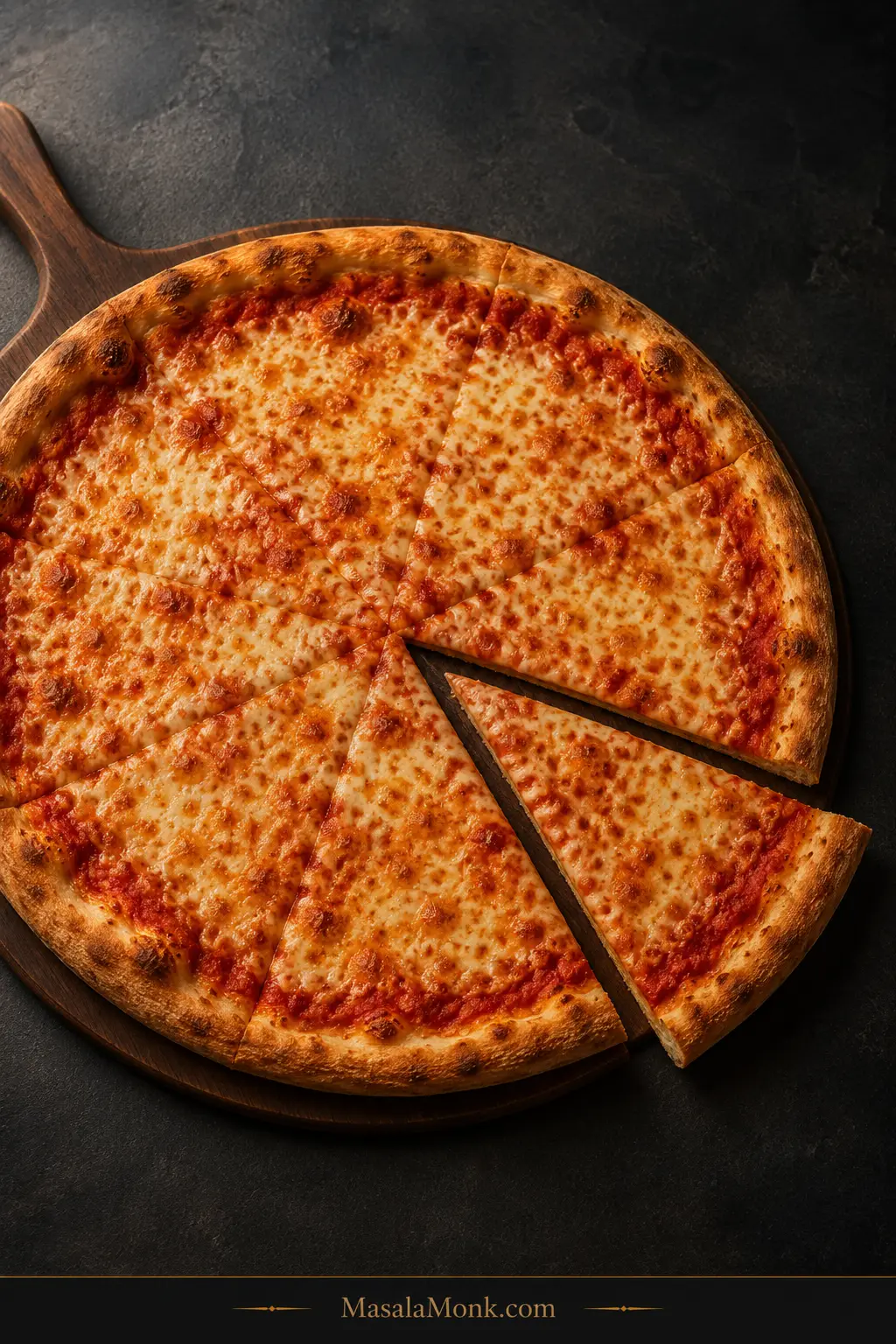 Plain New York-style cheese pizza with a thin center, modest browned rim, mottled mozzarella, visible tomato sauce and one slice pulled slightly away on a dark surface.