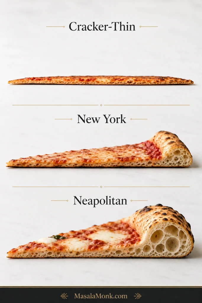 Cross-sectional comparison of cracker-thin, New York-style and Neapolitan pizza crusts showing differences in center thickness, crumb and rim.