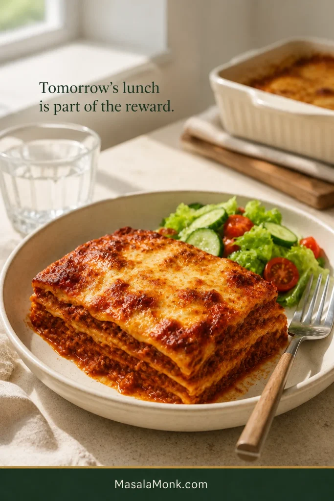 A neat reheated slice of leftover lasagna on an ivory plate with a fresh green and cucumber salad in soft daytime light.