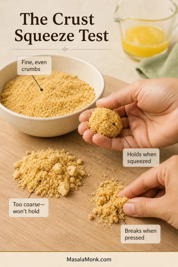 Fine buttered crumbs form a clump that holds in one hand, with loose coarse crumbs and a deliberately broken clump shown nearby.