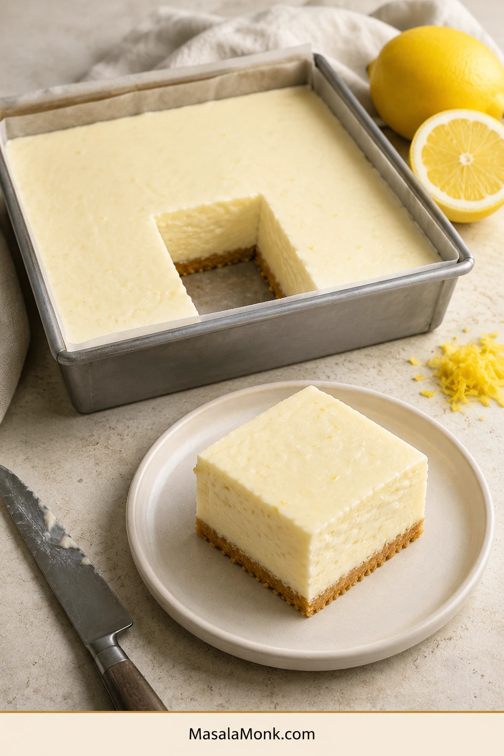 One square lifted from the centre of a pan reveals thick pale lemon filling standing above a thin golden biscuit crust.