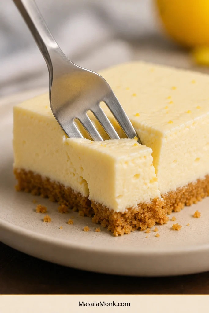 A dessert fork cuts through thick pale lemon filling and a thin golden crumb crust, lifting a small creamy bite.