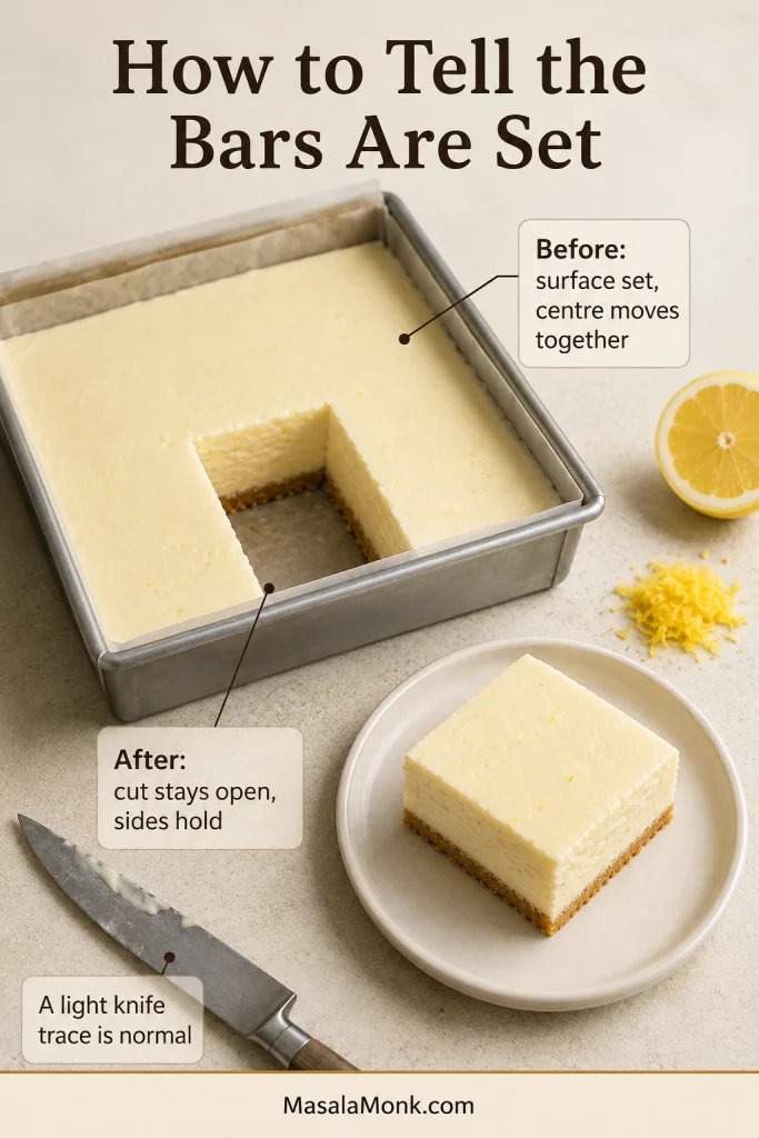 A chilled lemon-bar slab with one centre square removed shows a matte top, upright sides, a defined opening and a light trace on the knife.
