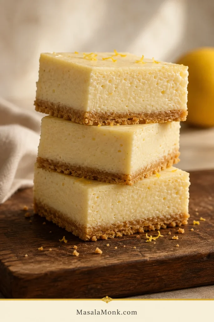 Three thick lemon bars are stacked slightly apart, revealing airy pale filling above thin, compact golden biscuit crusts.