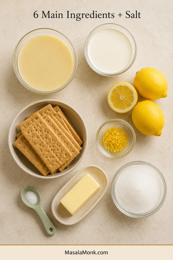 Condensed milk, whipping cream, lemons, graham crackers, butter, sugar and salt arranged separately on a pale work surface.