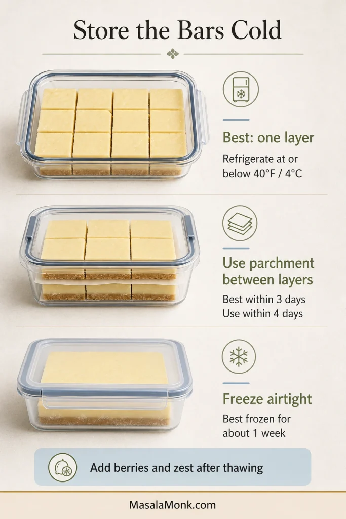 Lemon bars are stored in one refrigerated layer, stacked with parchment between layers and sealed as a slab in an airtight freezer container.