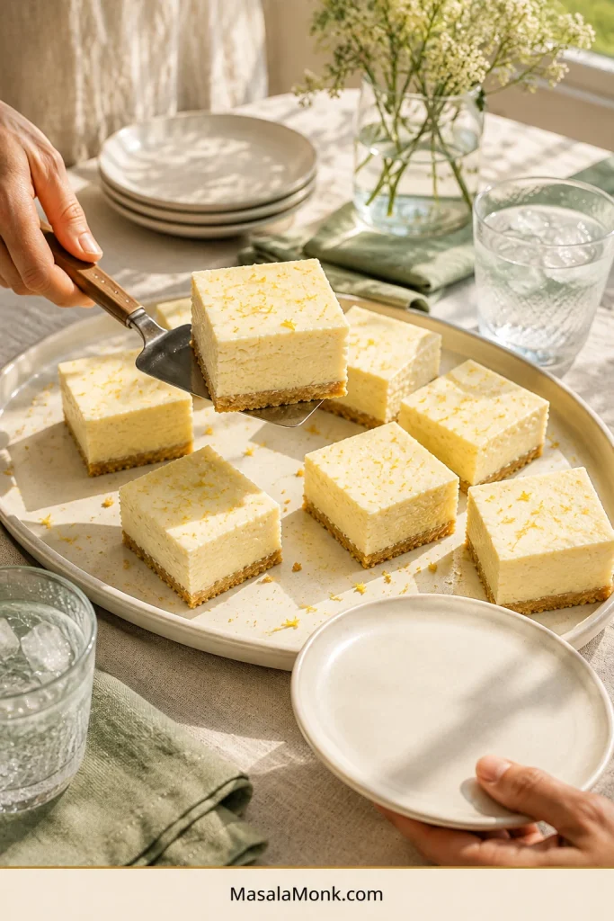 Hands serve creamy lemon bars from a white platter at a bright table with small plates, glasses and pale-green napkins.