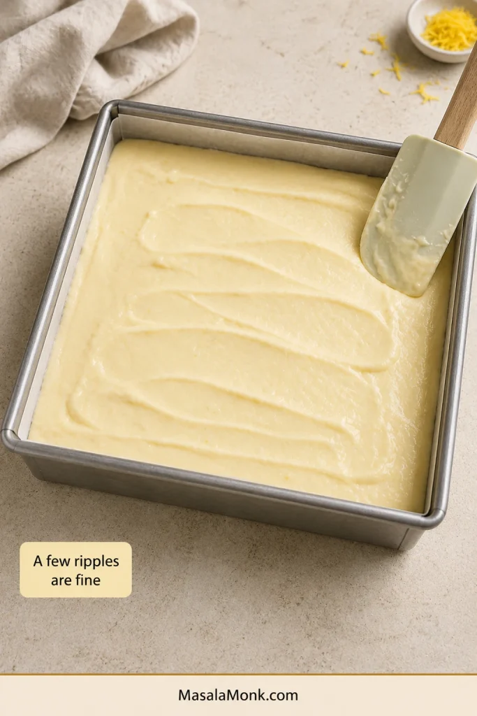 Creamy lemon filling reaches the corners of a lined square pan, with soft spatula ripples visible across the top.