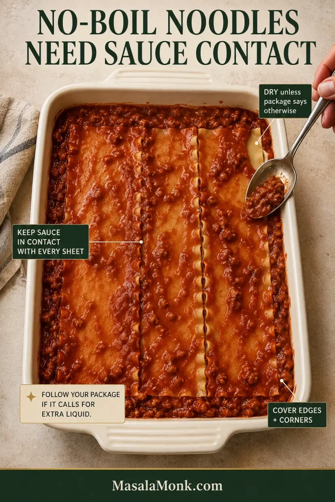 Oven-ready lasagna sheets in a baking dish with meat sauce spread beneath, across and around the pasta edges.
