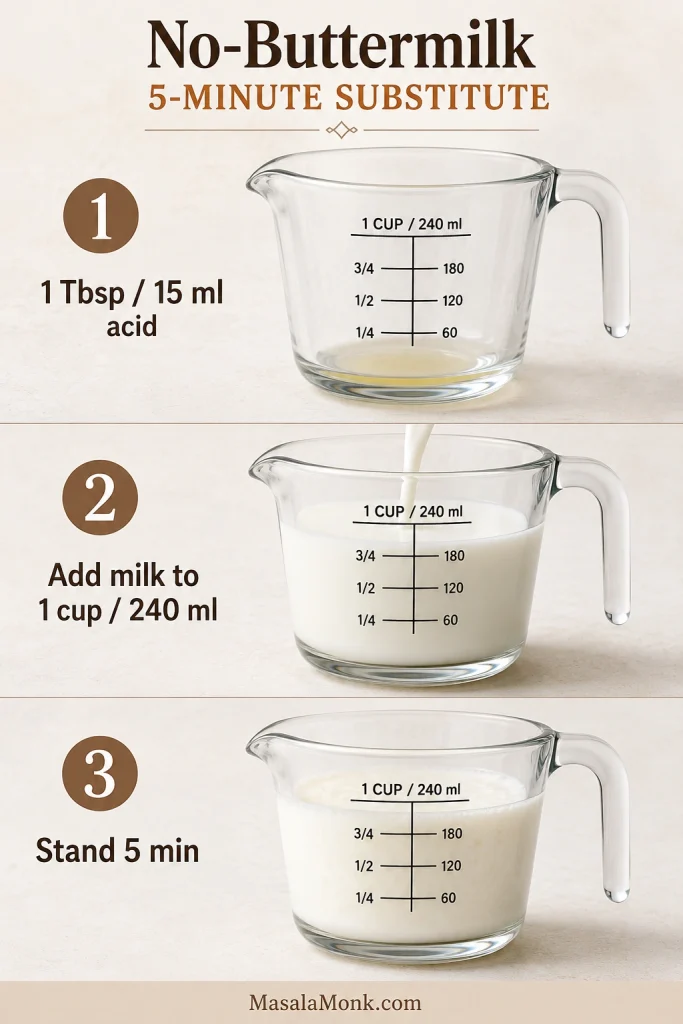 Three-step guide showing 15 ml acid in a measuring cup, milk added to 240 ml total, and slight thickening after five minutes.
