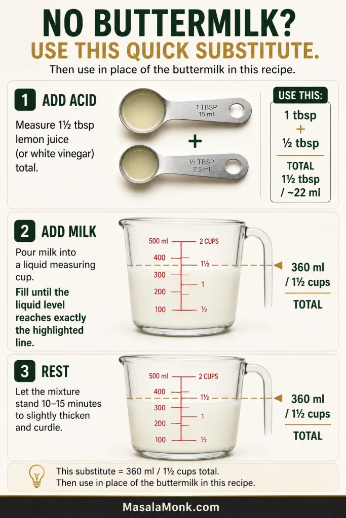 Three-step guide showing lemon juice or white vinegar being measured, milk added to a total of 360 ml, and the mixture resting for 10 to 15 minutes.