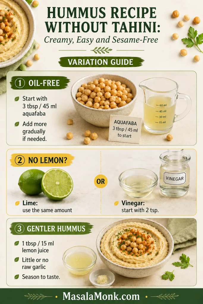 Variation guide showing aquafaba for oil-free hummus, lime or vinegar instead of lemon, and a gentle hummus with very little raw garlic.