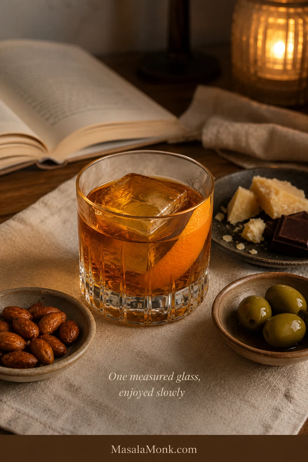 Old Fashioned beside roasted almonds, green olives, aged cheese, dark chocolate, an open book, linen, and a warm lamp.