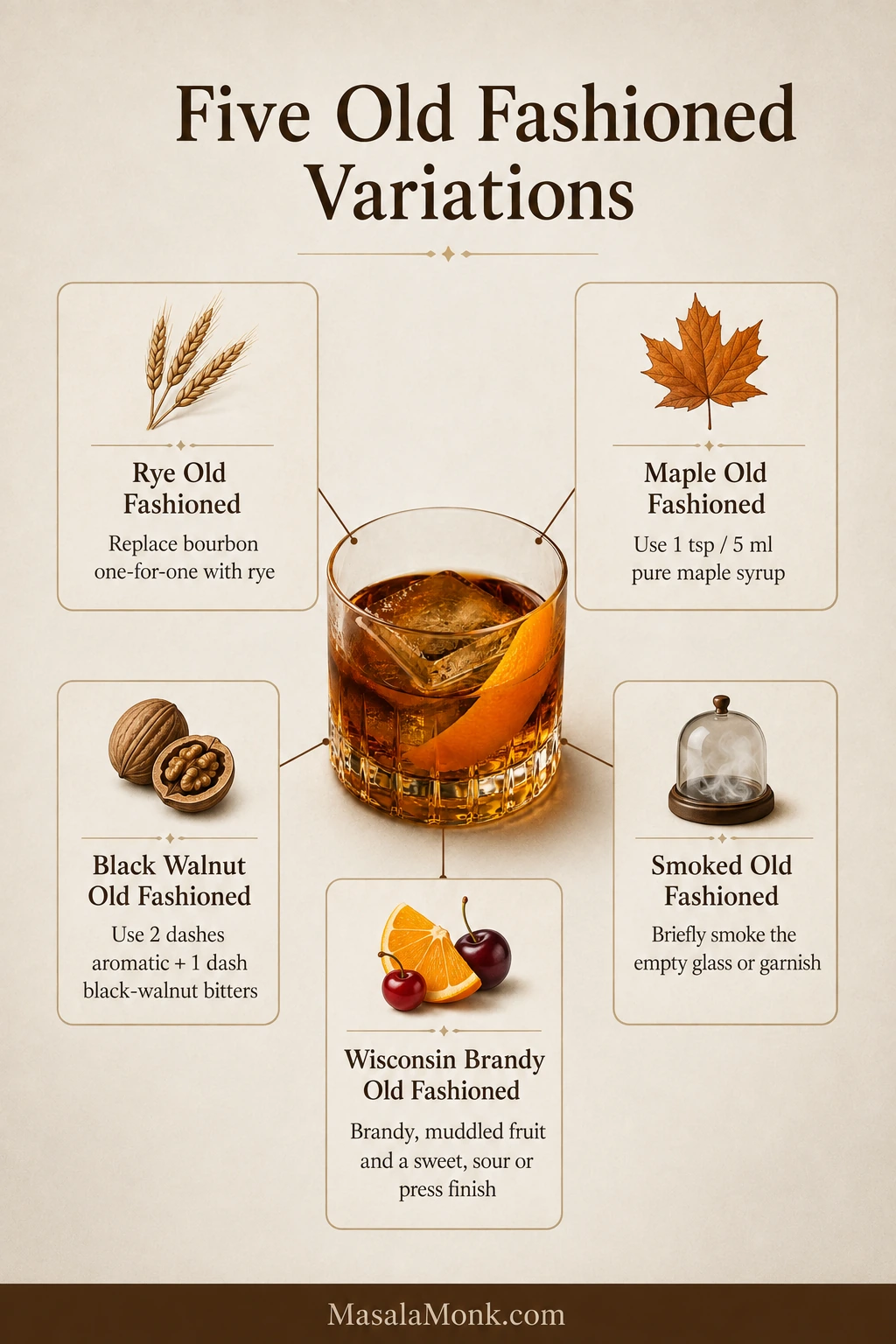 Guide showing rye, maple, black walnut, smoked, and Wisconsin brandy Old Fashioned variations around a central cocktail.