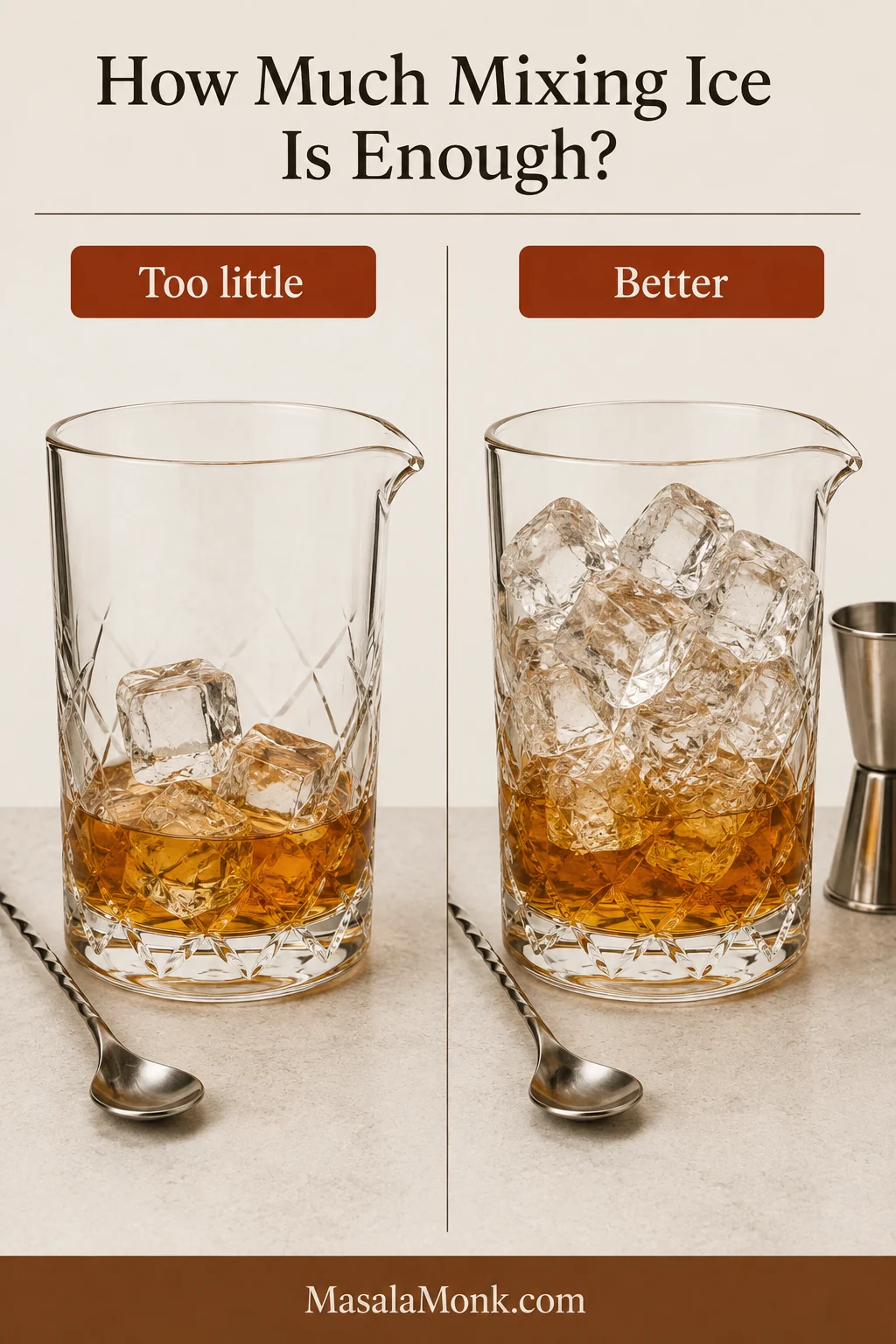 Side-by-side mixing glasses showing a sparse amount of ice and a glass filled generously with ordinary ice cubes.