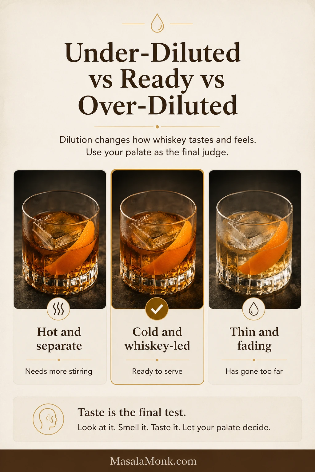 Three Old Fashioned glasses labeled under-diluted, ready, and over-diluted, with tasting cues beneath each state.
