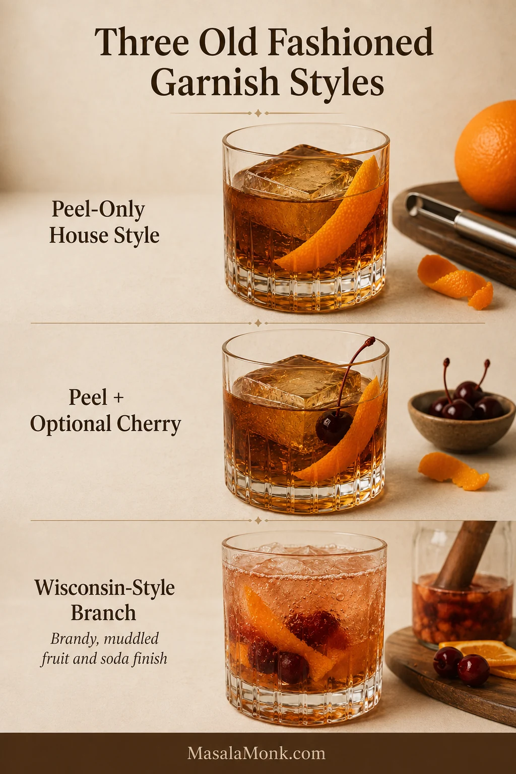 Three Old Fashioned styles showing peel only, peel with one cherry, and a lighter Wisconsin-style brandy drink with muddled fruit and soda.