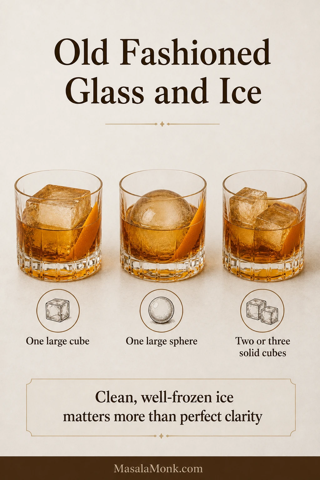 Three rocks glasses showing an Old Fashioned over one large cube, one ice sphere, and two or three solid cubes.
