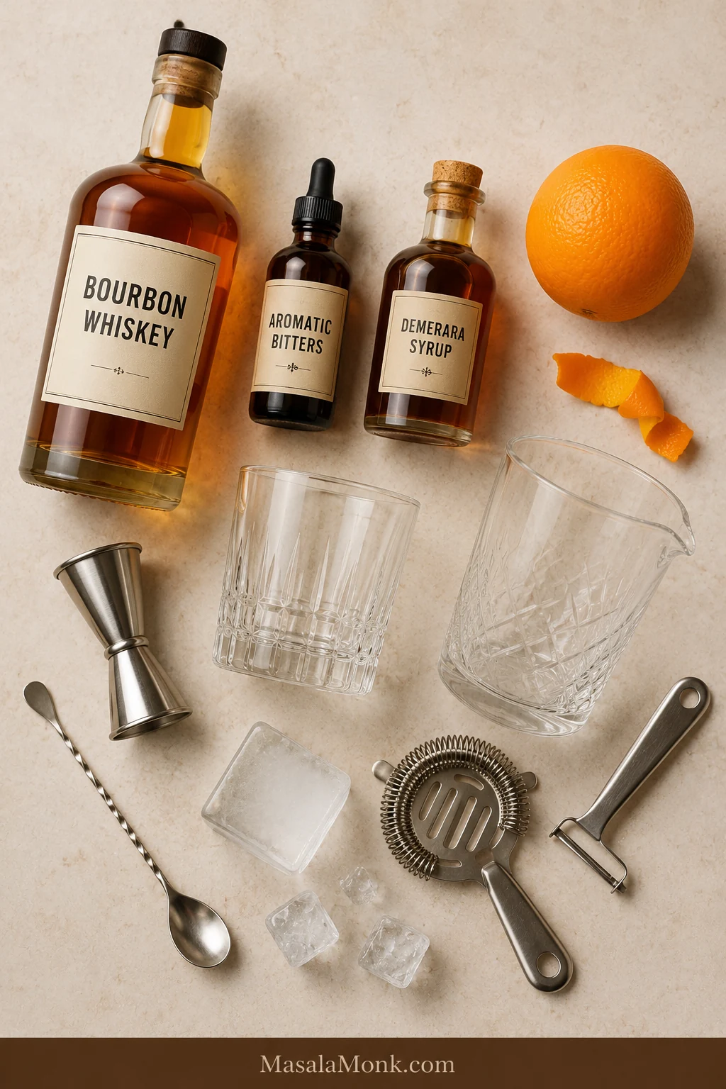 Overhead arrangement of bourbon, aromatic bitters, demerara syrup, orange, ice, rocks glass, mixing glass, jigger, spoon, strainer, and peeler.