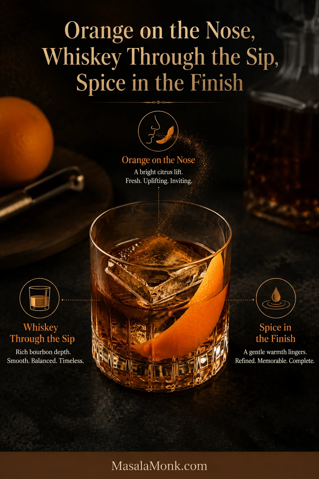 Old Fashioned sensory guide showing orange aroma, a whiskey-led sip, and bitters spice through the finish.