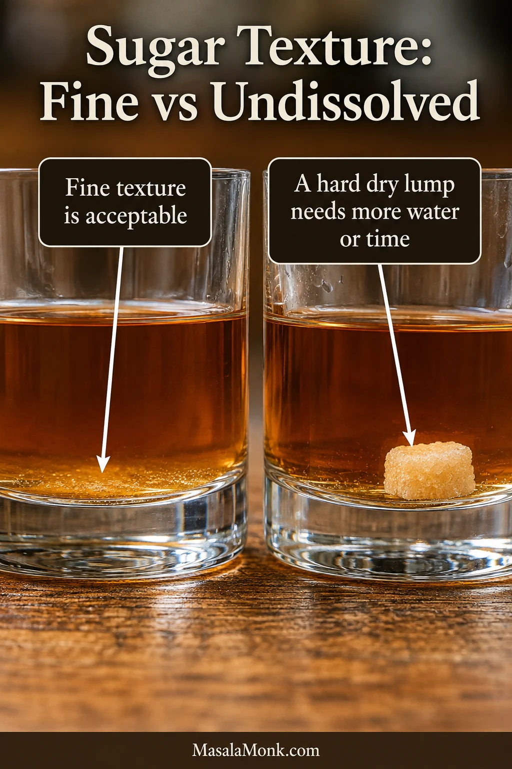 Close-up of two glasses showing fine sugar crystals at the bottom of one and a hard undissolved sugar lump in the other.
