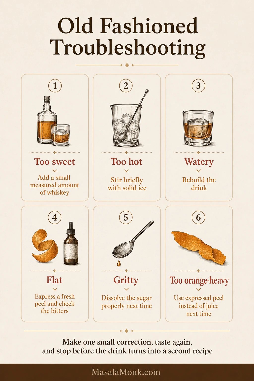 Six-part Old Fashioned troubleshooting guide for cocktails that taste too sweet, hot, watery, flat, gritty, or orange-heavy.