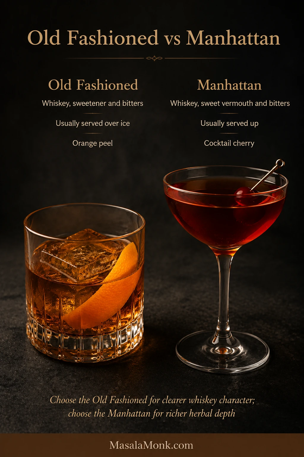 Old Fashioned in a rocks glass with orange peel beside a Manhattan in a stemmed glass with a cocktail cherry.