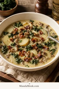 Wide ivory bowl of creamy Zuppa Toscana with thin potato slices, browned Italian sausage, curly kale and crisp bacon.