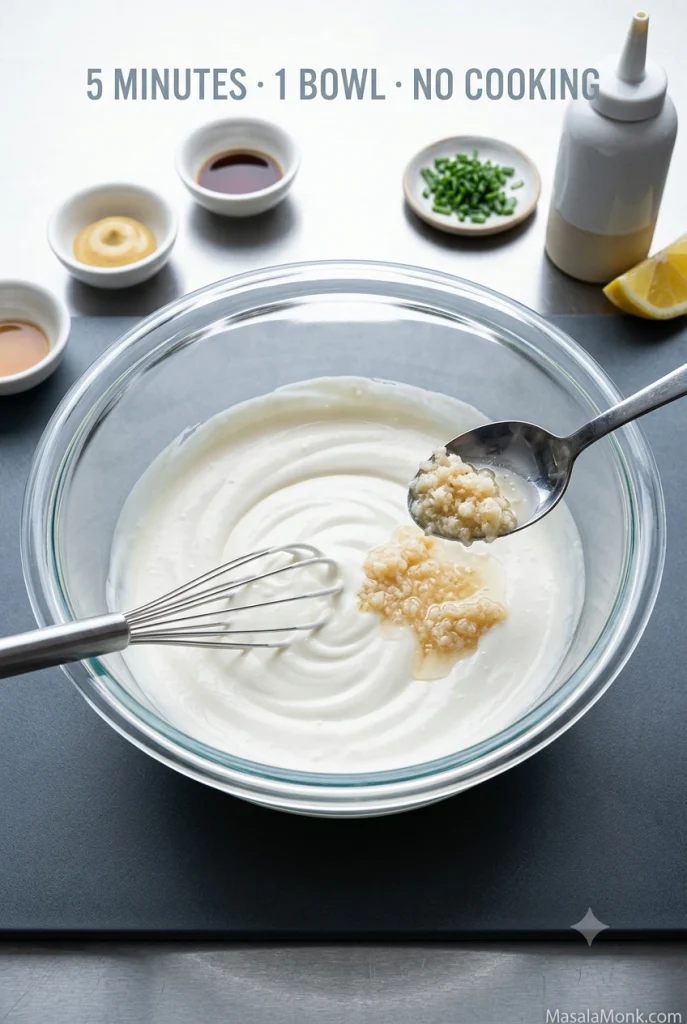 Prepared horseradish being mixed into a bowl of creamy sauce with a whisk on a stainless-steel work surface.