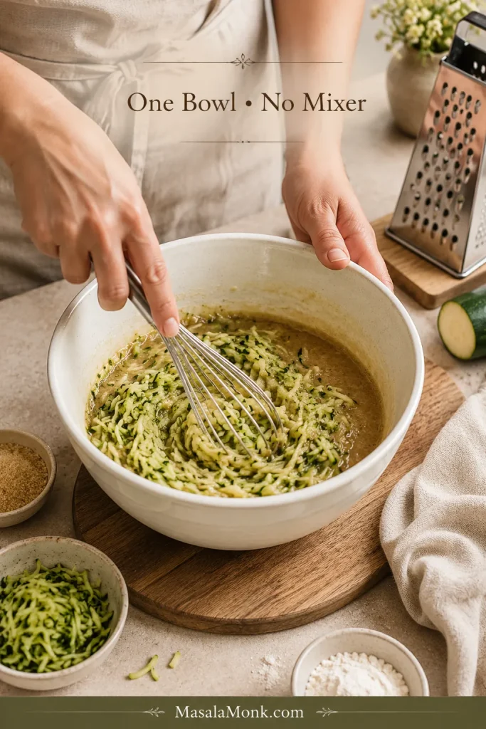 Hands mixing grated zucchini and wet ingredients in a large cream bowl beside a box grater, with no electric mixer present.