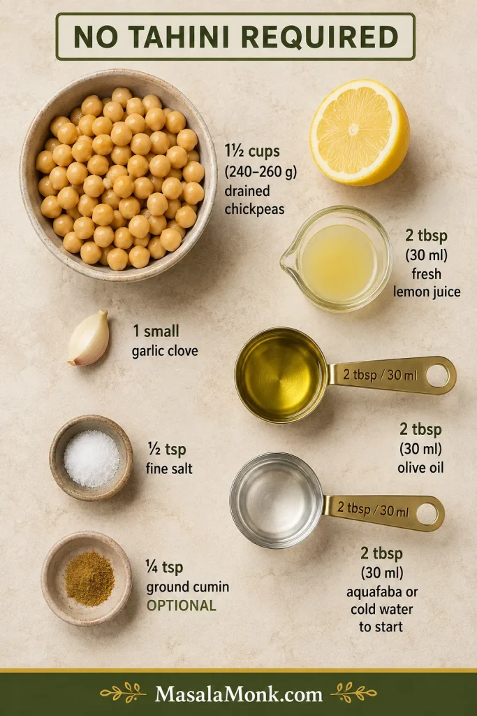 Ingredient guide for hummus without tahini with drained chickpeas, lemon juice, garlic, salt, olive oil, aquafaba or water, and optional ground cumin.