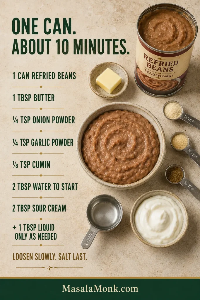 One-can refried beans formula showing butter, onion powder, garlic powder, cumin, water, sour cream, and their measured amounts.
