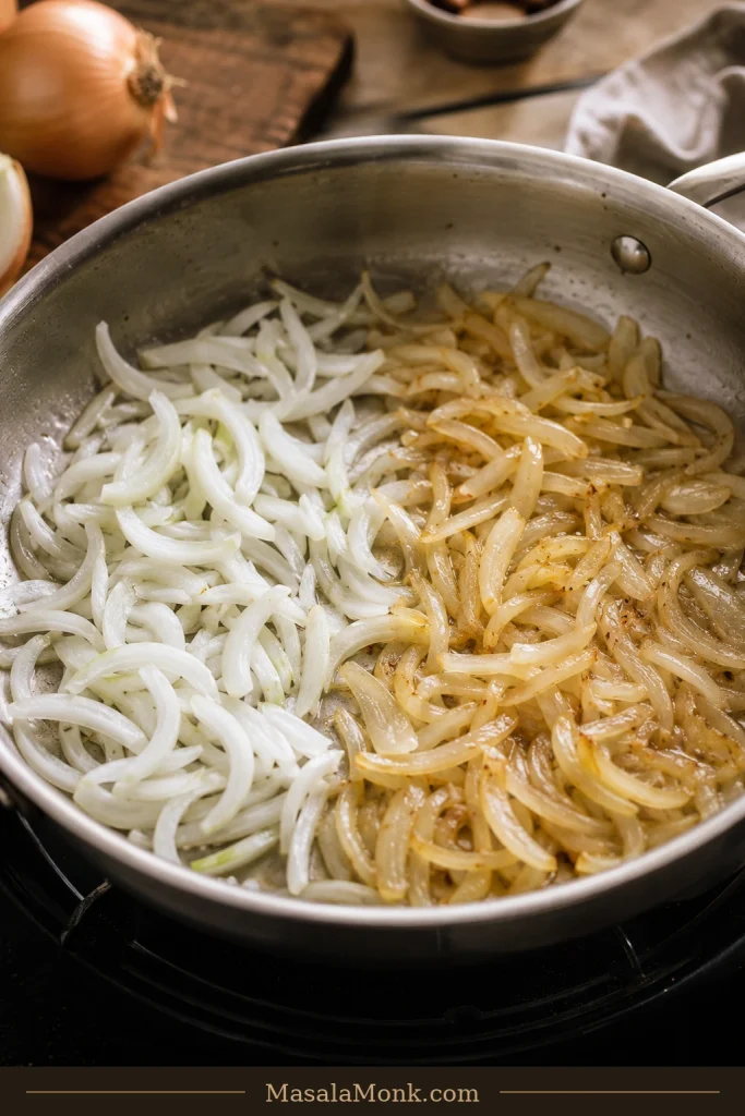 Sliced onions in a pan changing from pale and firm to soft, translucent and lightly golden around the edges.