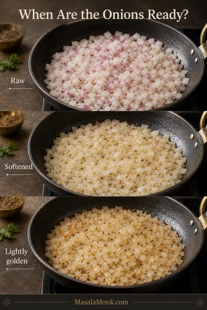 Chopped onions shown raw, softened and finally translucent with lightly golden edges in a dark pan.