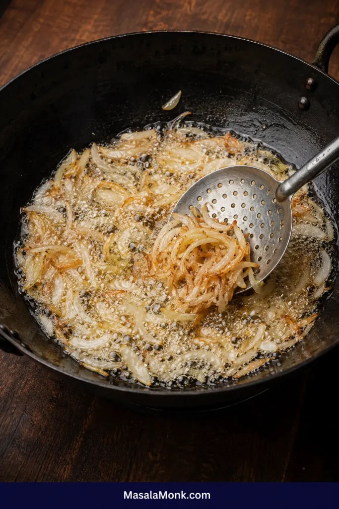 Thin onion slices frying in actively bubbling oil in a wide pan while a slotted spoon moves them through the oil.