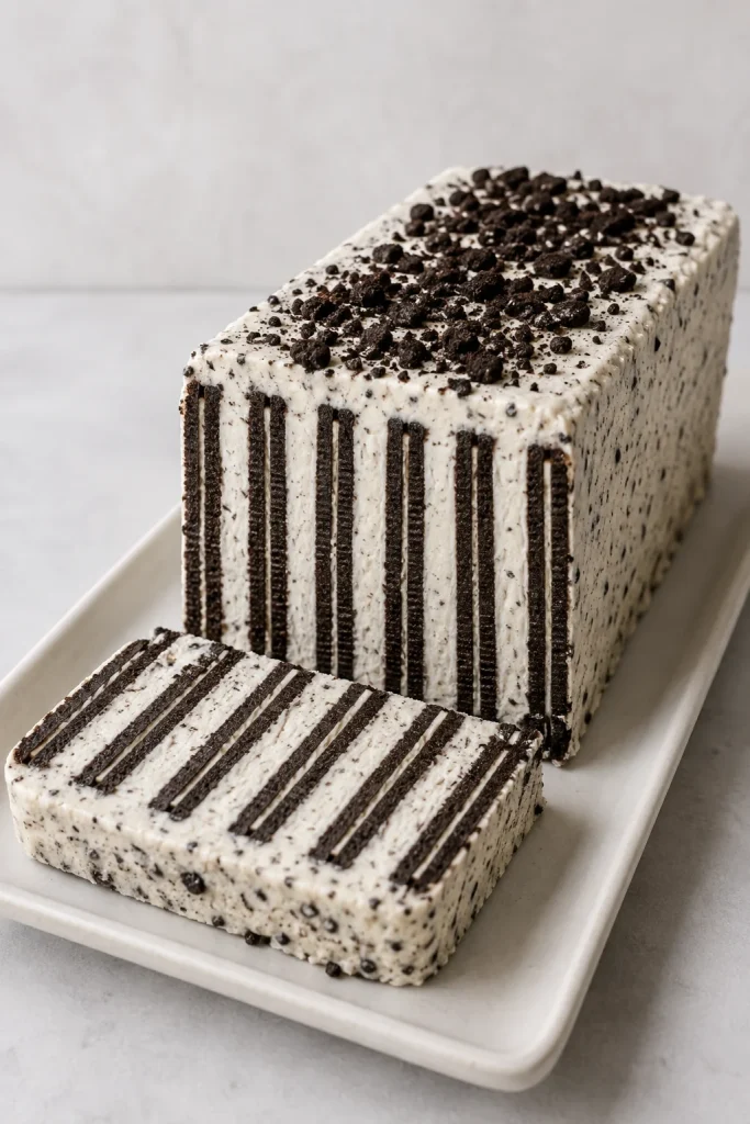 Rectangular Oreo Thin icebox cake loaf with one slice removed, revealing repeated upright dark cookie-and-cream bands.