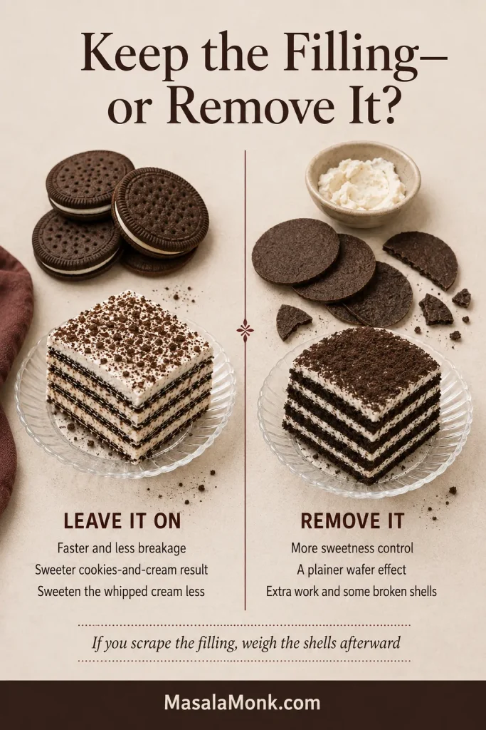 Side-by-side comparison of filled chocolate sandwich cookies and separated plain cookie shells, each used in a layered cream cake.