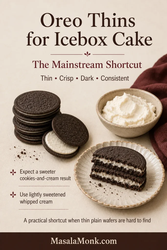 Thin chocolate sandwich cookies beside whipped cream and a cut three-cookie stack showing dark shells and pale filling layers.