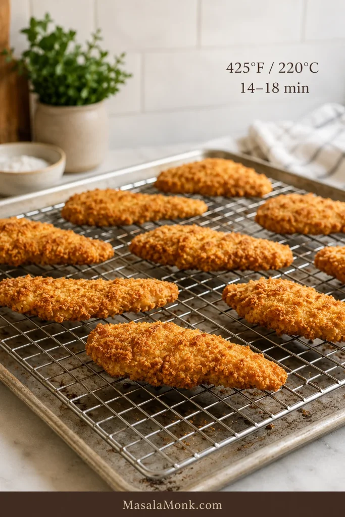 Golden panko-coated chicken tenders spaced on a raised wire rack over a rimmed baking sheet.