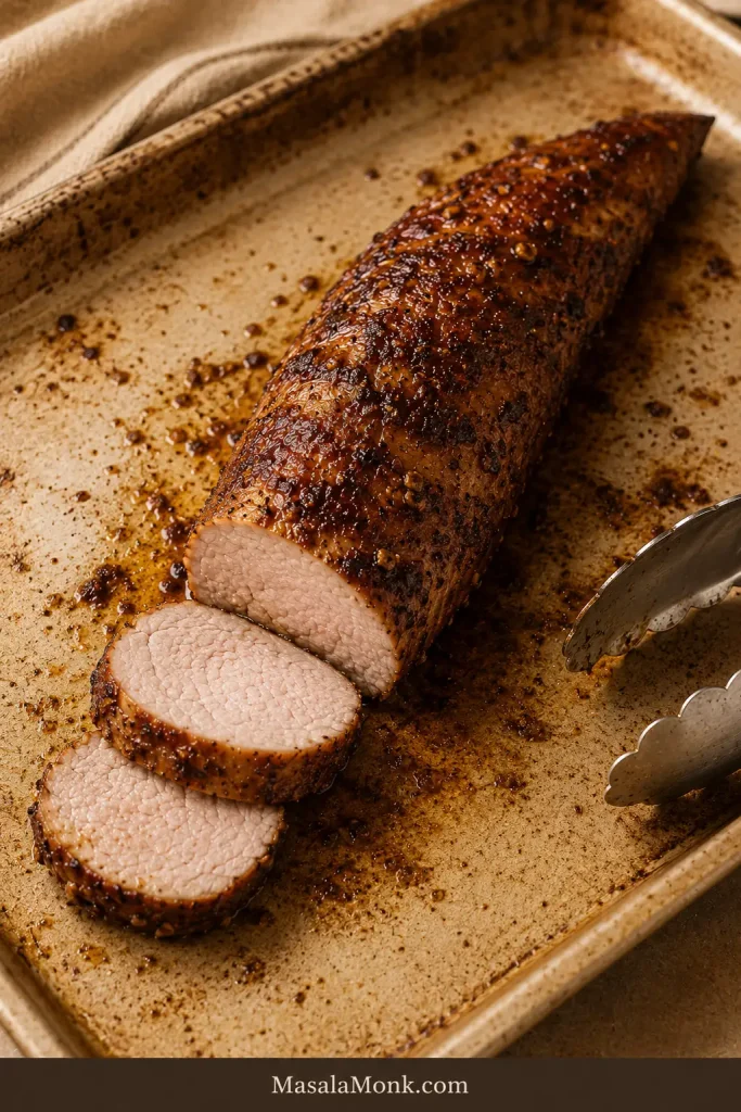 Oven-roasted pork tenderloin with a golden-mahogany crust, moist sliced center and browned cooking juices in the pan.