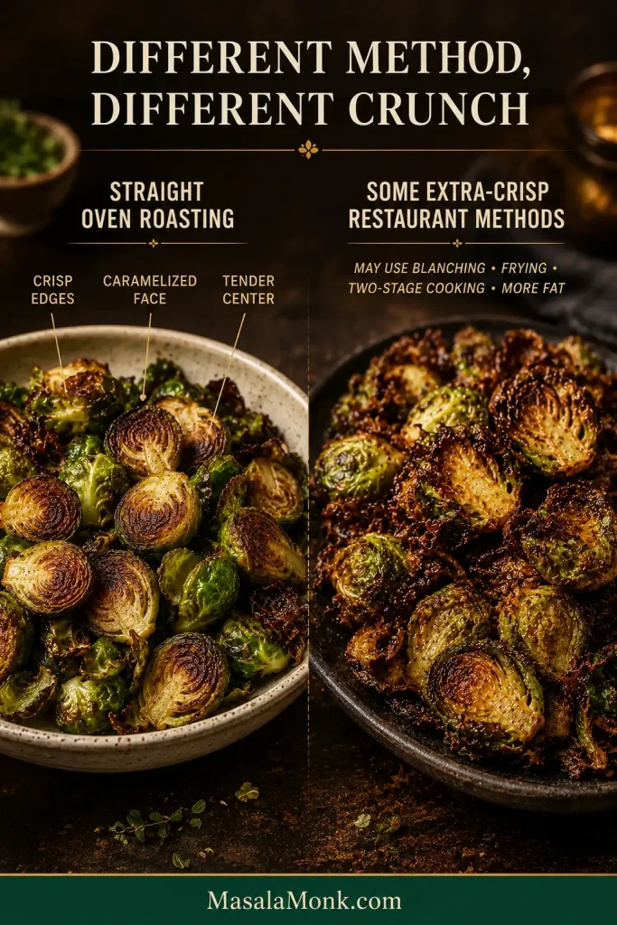 Comparison of straight oven-roasted Brussels sprouts with tender centers beside extra-crisp restaurant-style sprouts with rougher, crunchier exteriors.