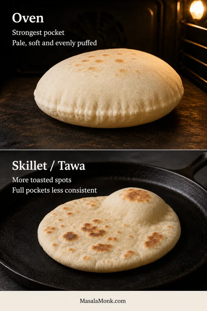Comparison of a pale, evenly puffed oven pita and a more toasted pita cooked on a skillet or tawa.