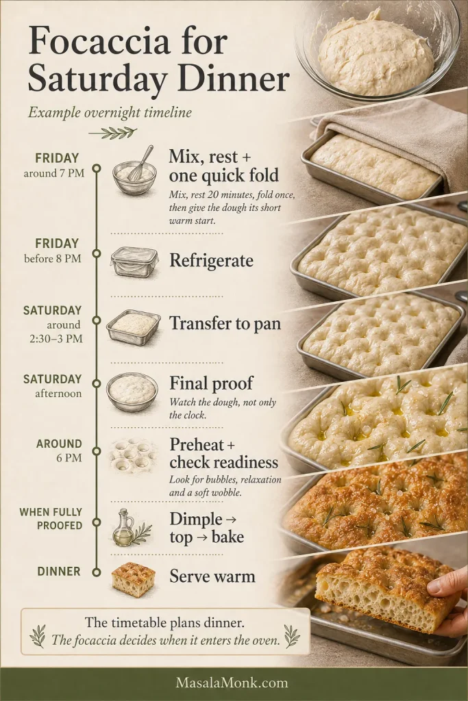 Overnight focaccia timeline from Friday evening mixing through refrigeration, Saturday proofing, baking and dinner.